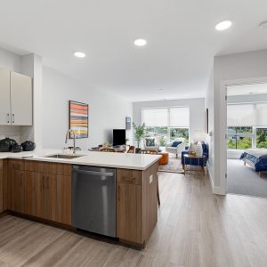 Model unit living area. Fully furnished and decorated in a contemporary style.