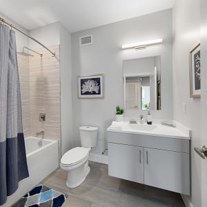 Model unit bathroom decorated in a modern style