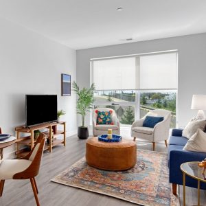 Model unit living room furnished in a contemporary style.