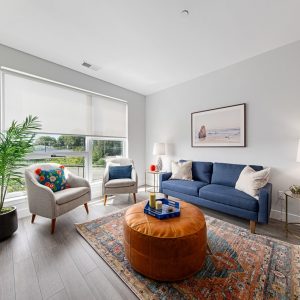 Model unit living room furnished in a contemporary style.